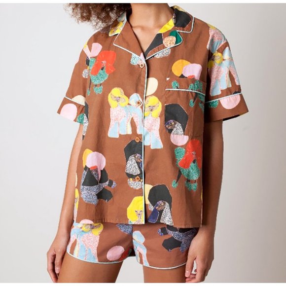 Rachel Antonoff Other - Rachel Antonoff Ari Poodle Dogs Print Pajama PJ Set Shirt Top Shorts Brown M